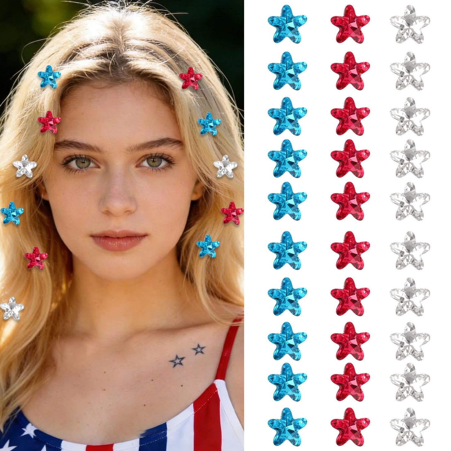 Oblihumoy 30Pcs 4th of July Red Blue White Hair Clips Rhinestone Star Small Hair Clip Independence Day Hair Accessories for Girls Women