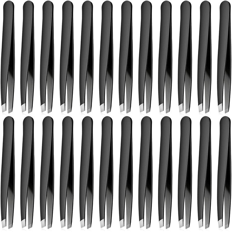 Mudder 24 Pieces Eyebrow Tweezers Bulk Stainless Steel Slanted Tip Precision Tweezers for Facial Hair, Blackhead and Tick Remover, Men and Women Professional(Black)