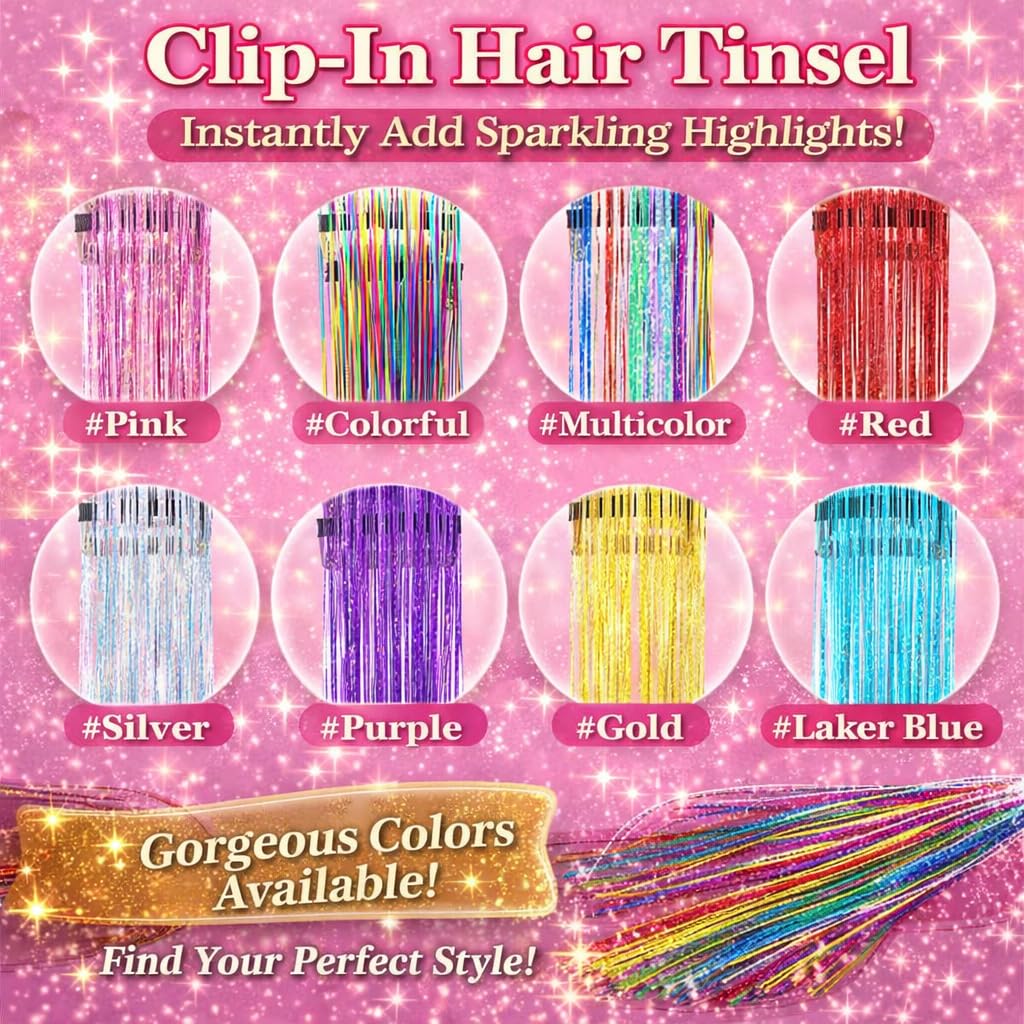 Hair Tinsel 12 Pcs Clip in Hair Tinsel Kit for Girls 22 Inch Glitter Fairy Tinsel Hair Extensions Colorful Heat Resistant Party Festival Accessories for Women Kids (rainbow)
