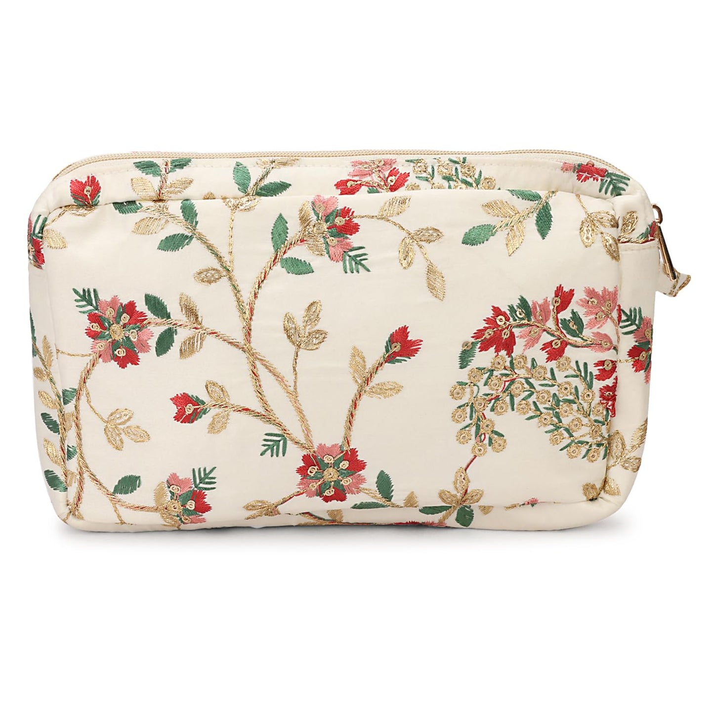 LONGING TO BUY Floral Embroidered Cosmetic Pouch, Make Up Organizer Pouch for Women, Zip Pouch Combo for Multiple Use Wristlet Design (White Multi)