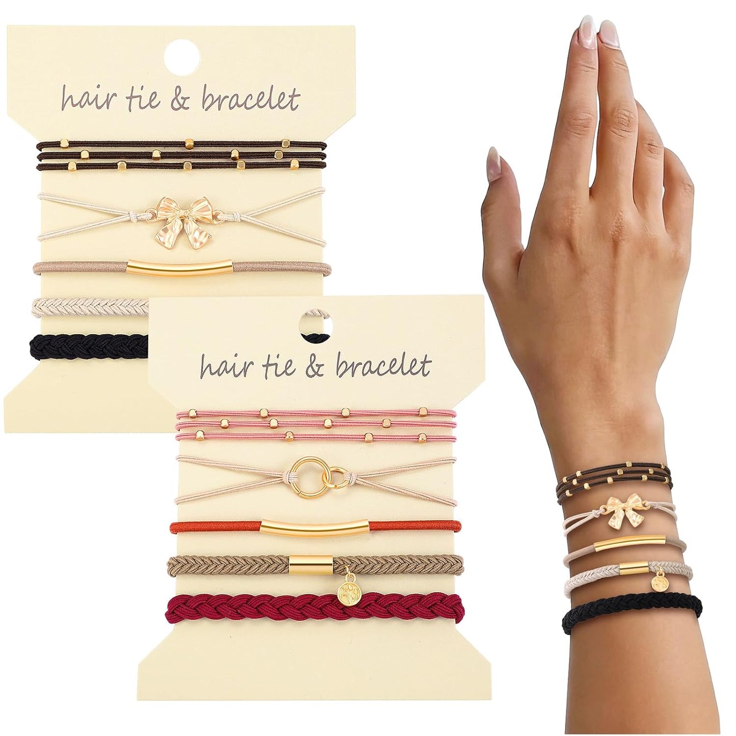 10PCS Hair Ties Bracelet Set - Soft Braided Boho Elastic Hair Bands for Women | Beige & Light Coffee