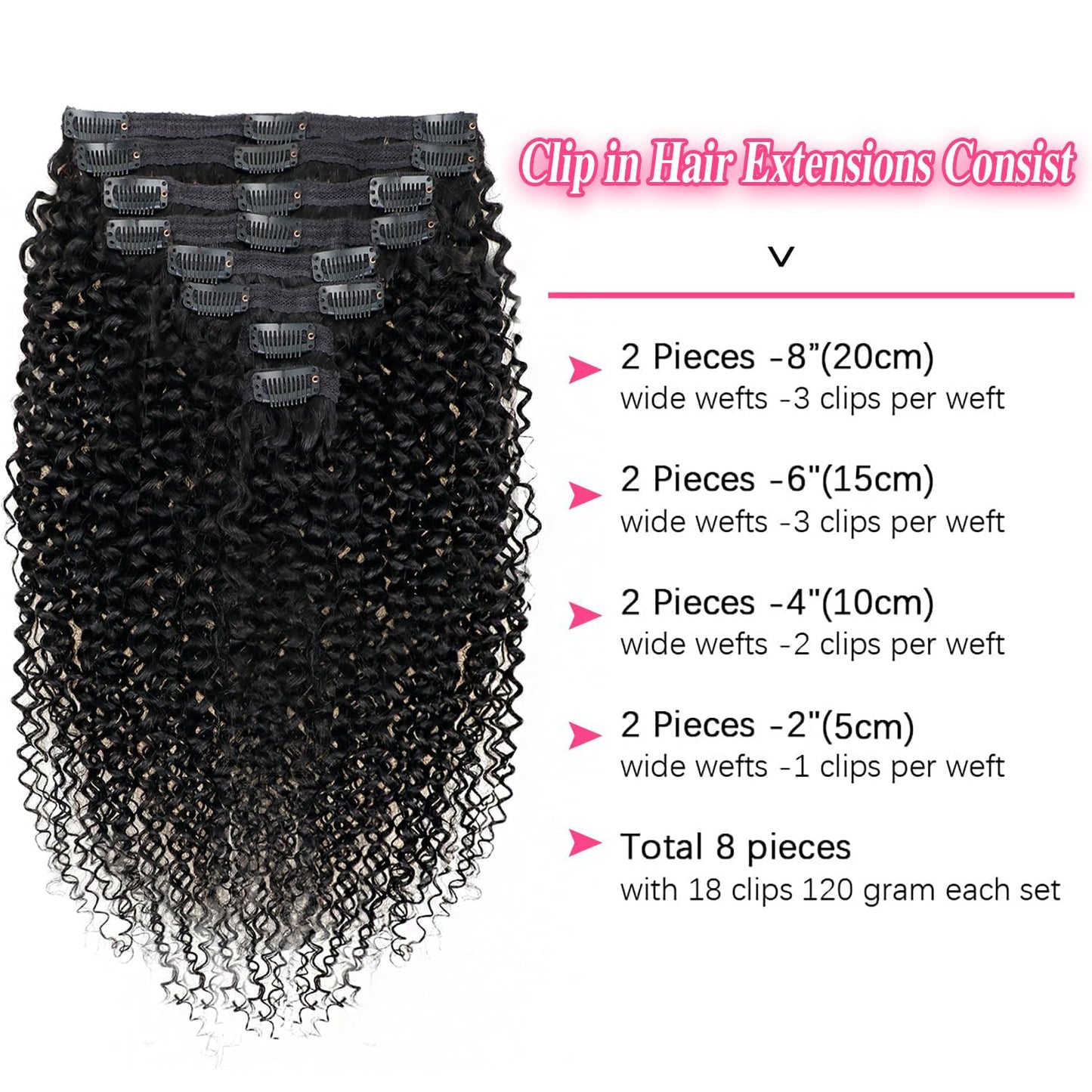 Mihugass Curly Clip In Hair Extensions Human Hair 3C 4A Kinky Curly Clip Ins for Black Women Natural Blend Soft Full Volume Real Human Hair for Daily Wear 18 Inch 8Pcs 120 Grams/Pack