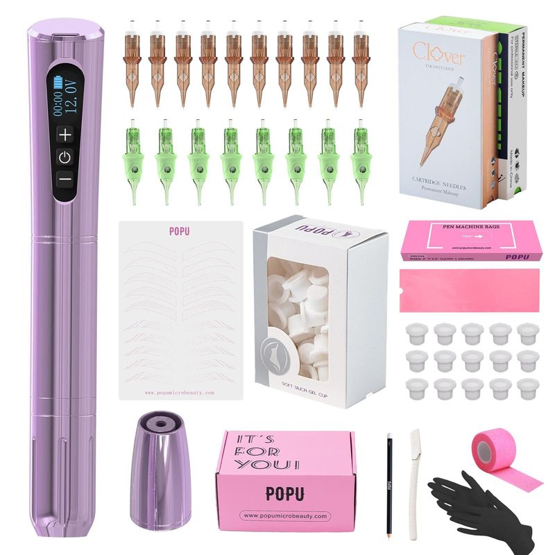 POPUPMU Tattoo Gun Kit - Wireless Tattoo Machine 3.0mm Stroke Coreless Motor with 800mAh Power Supply PMU Tattoo Cartridge Lining Needles Mixed Set 18Pcs for Professional Tattoo Supply Purple(NORA)