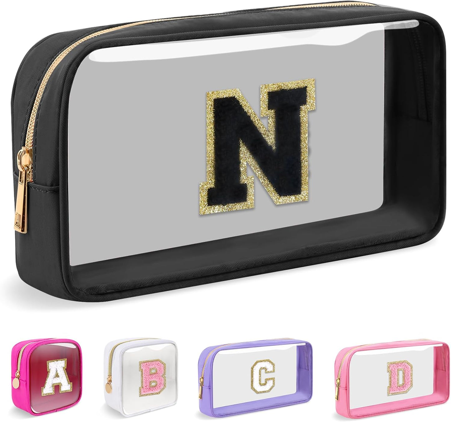 Personalized Initial Makeup Bag - Waterproof Nylon Cosmetic Pouch | A-Z Chenille Letter Patch, White-Pink G