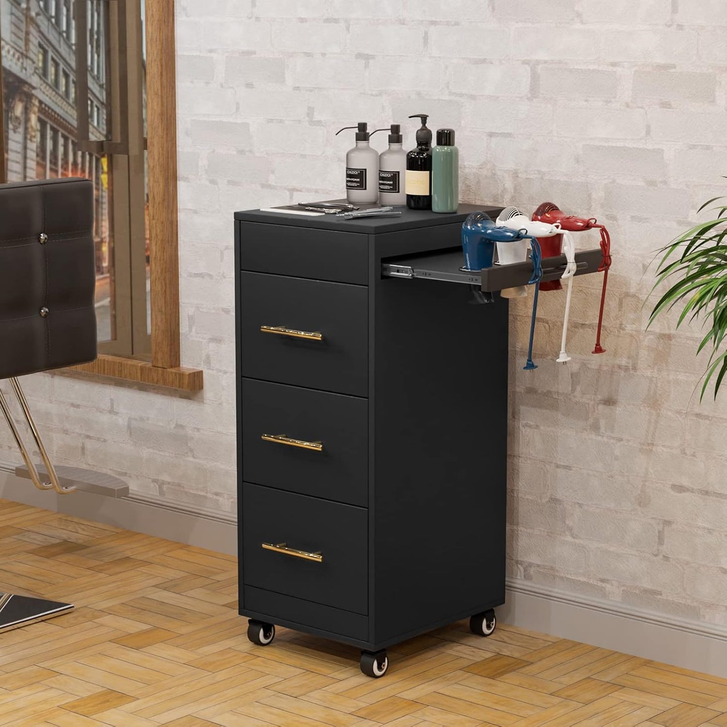 Salon Trolley Cart - 3-Drawer Rolling Hair Styling Station | Mobile Beauty Trolley with Hot Tools Holder, Black