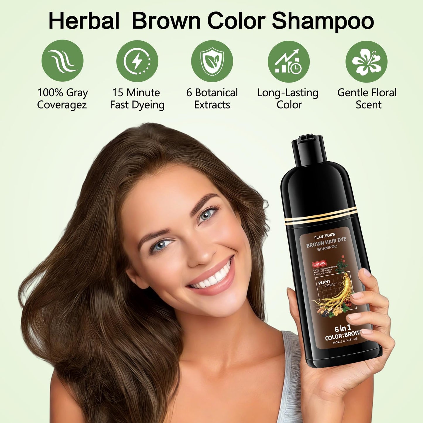 Plantkonw Brown Hair Dye Shampoo, 6 In 1 Semi Permanent Hair Color Shampoo for Gray Coverage, Natural Hair Dye for Women & Men, Ammonia & Paraben Free