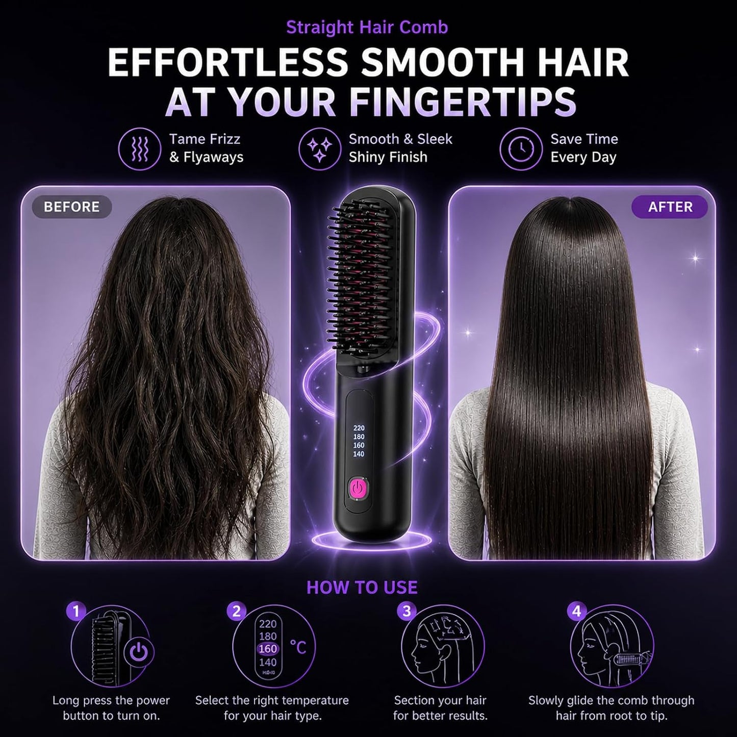 Cordless Hair Straightener Brush - 80 Million Anti-Frizz Ions, 4 Temp Settings | Portable Travel Styling Tool