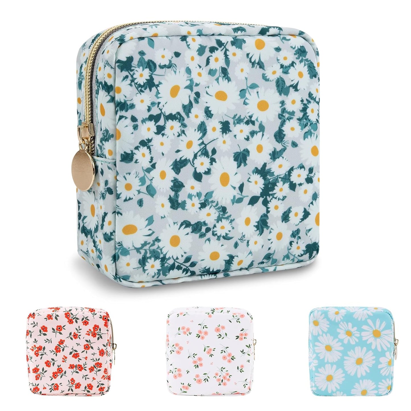 Waterproof Mini Floral Makeup Bag - Nylon Travel Pouch for Women | Cute Zipper Toiletry Organizer (Mini White-Flowers)