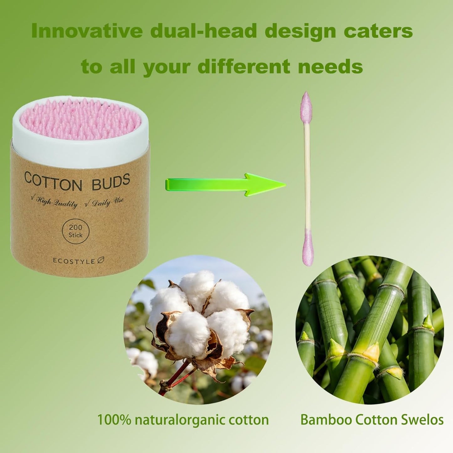 Pink Bamboo Cotton Swabs - 200 Count Dual-Tip Wooden Buds for Ear Cleaning, Makeup & Nail Art | Biodegradable with Portable Tube