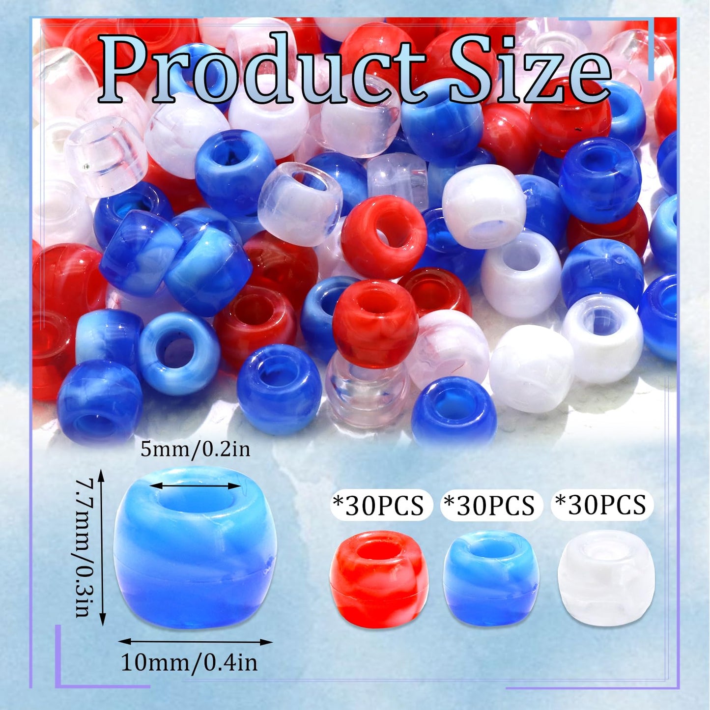 NAISKA 90Pcs Red Blue White Hair Beads for Kids Girls Cheer Hair Beads for Braids Cute Beads for Kids Hair Acrylic Gradient Dreadlock Beads Small Pony Beads Loc Beads Jewelry Accessories