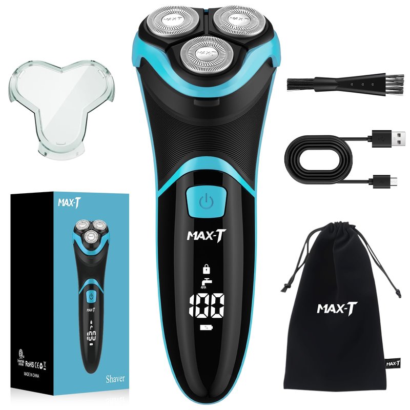 MAX-T Men's Electric Shaver - Corded and Cordless Rechargeable 3D Rotary Shaver Razor for Men with Pop-up Sideburn Trimmer Wet and Dry Painless 100-240V Red