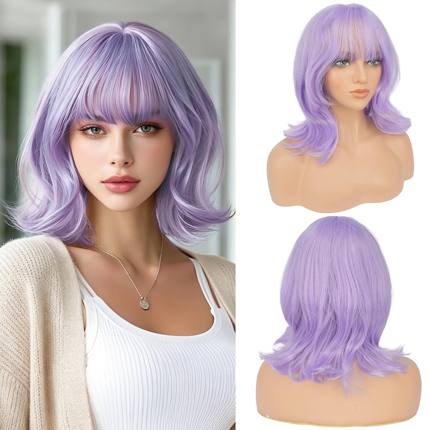 Brown Short Bob Wig with Bangs - Wavy Layered Synthetic Hair for Women | 14 Inch Natural Look with Highlights