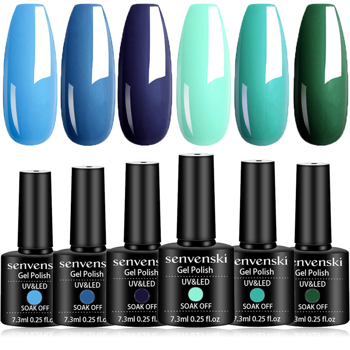 senvenski Blue Gel Nail Polish Kit - UV/LED Nail Art Set with Navy Royal Cobalt Blue Army Green Teal Olive Emerald Turquoise Colors | Manicure Gift Kit for Women, Professional Salon Home Use(CS6-011)