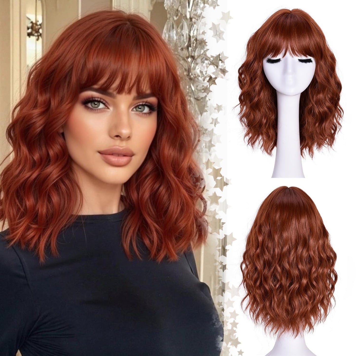Short Wavy Wig with Bangs - Natural Curly Synthetic Hair for Daily Wear | 14-Inch Brown Highlight
