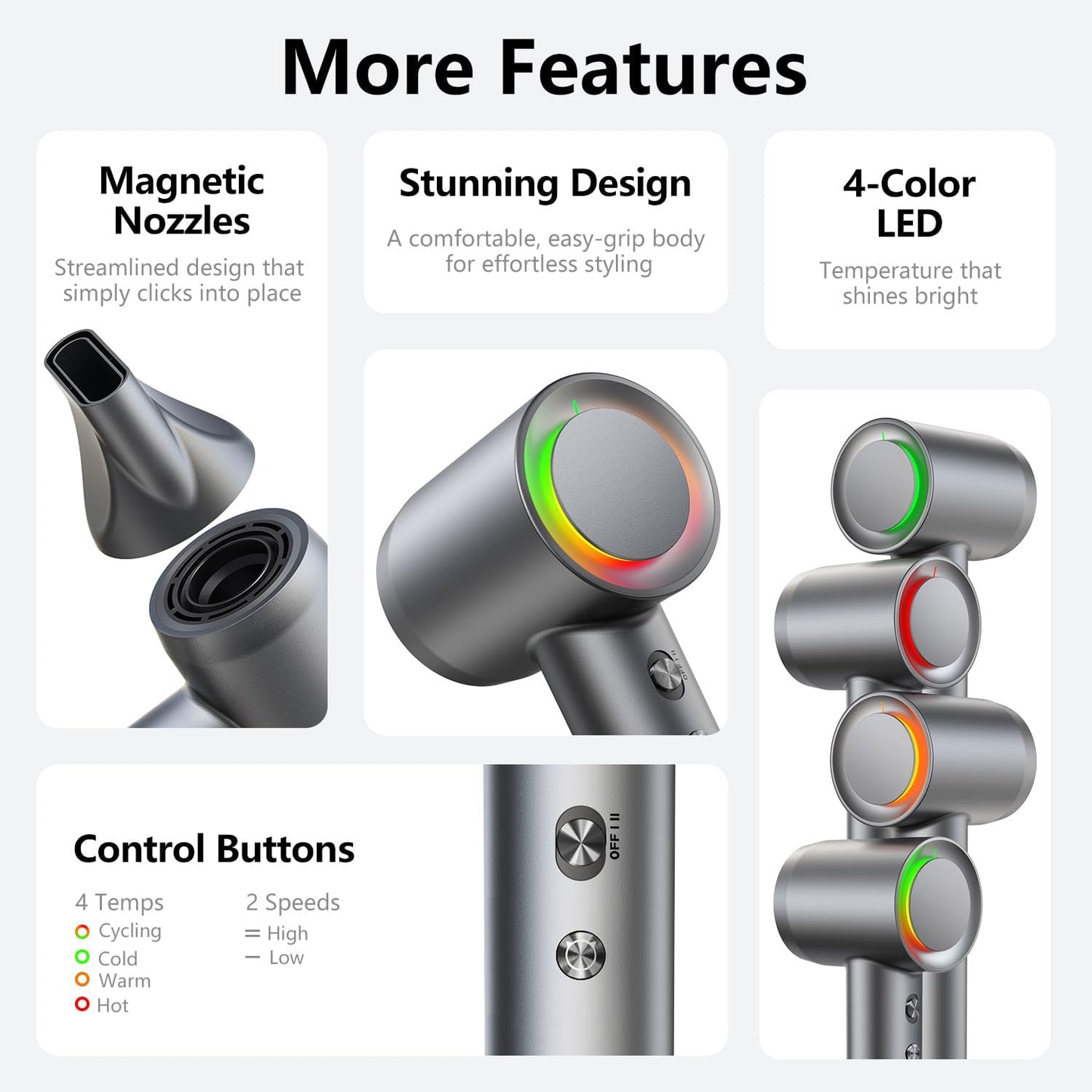 Fast Drying Hair Dryer - High-Speed Blow Dryer with 500 Million Negative Ions | Lightweight, Low Noise, Professional with Diffuser & Nozzle, Gunmetal
