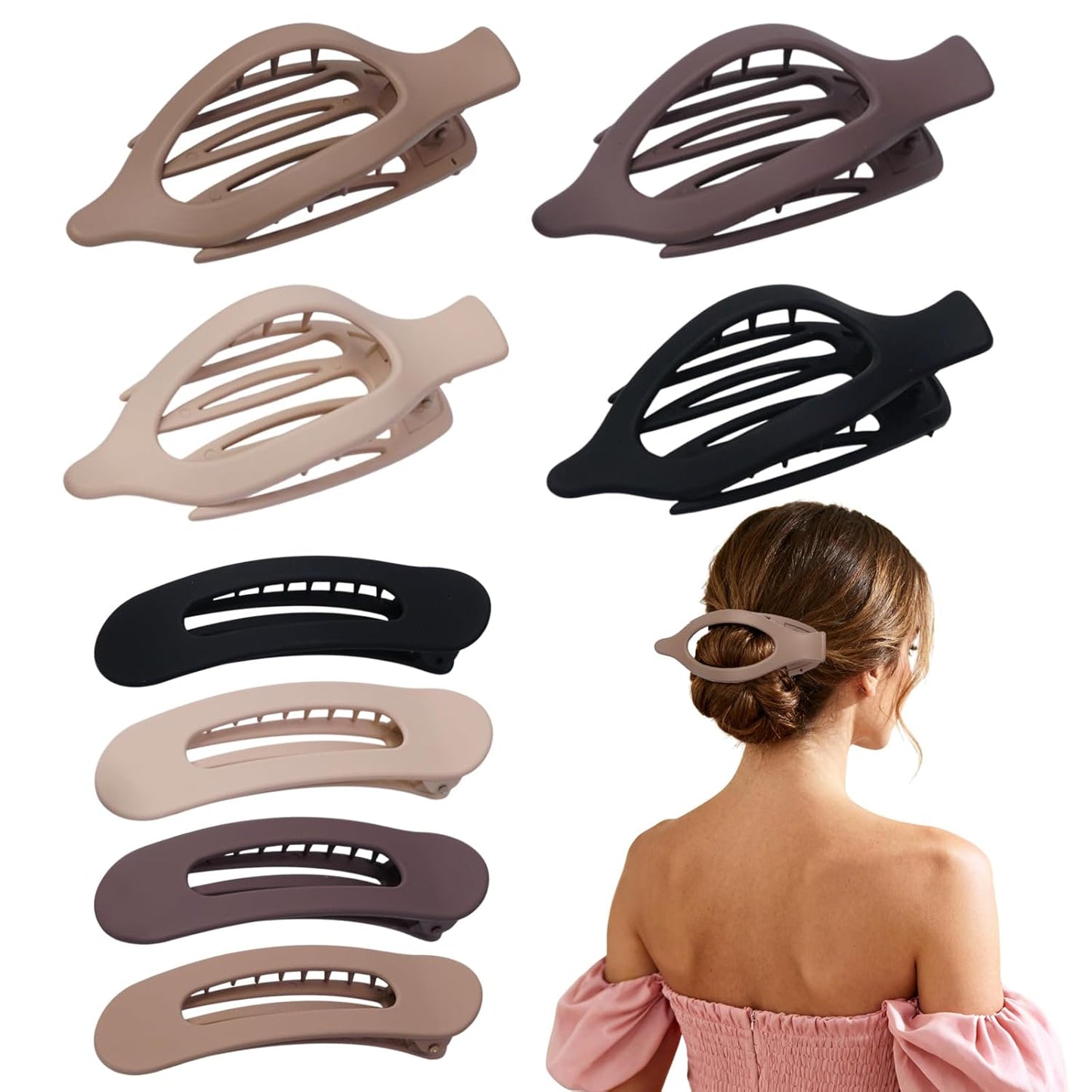 Flat Hair Clips for Women - Matte No Crease Large Claw Clips | Strong Hold Barrettes for Thick & Thin Hair - 8 Pack