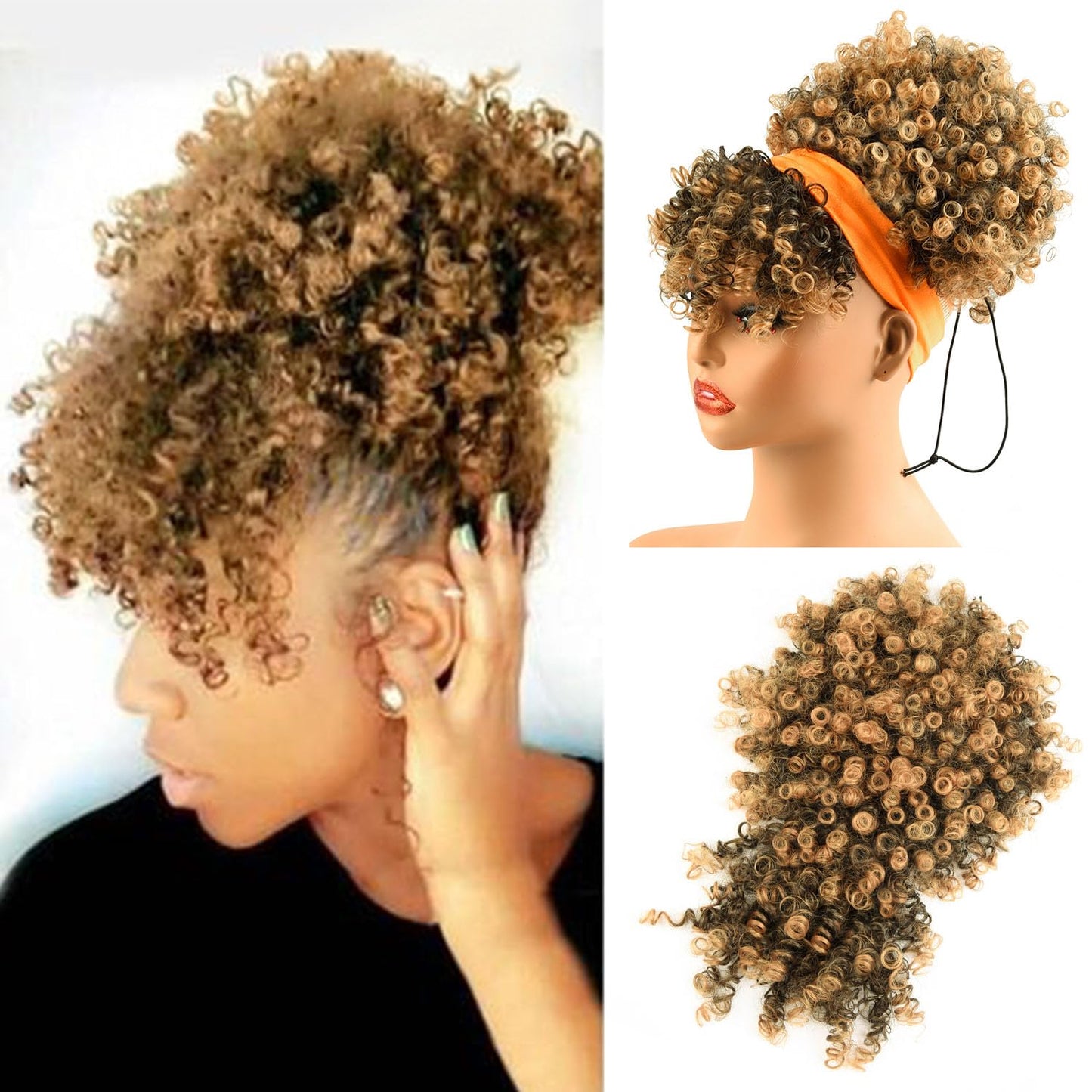 Drawstring Ponytail for Black Women - Kinky Curly Afro Puff Hair Extension with Bangs | Natural Updo Wig