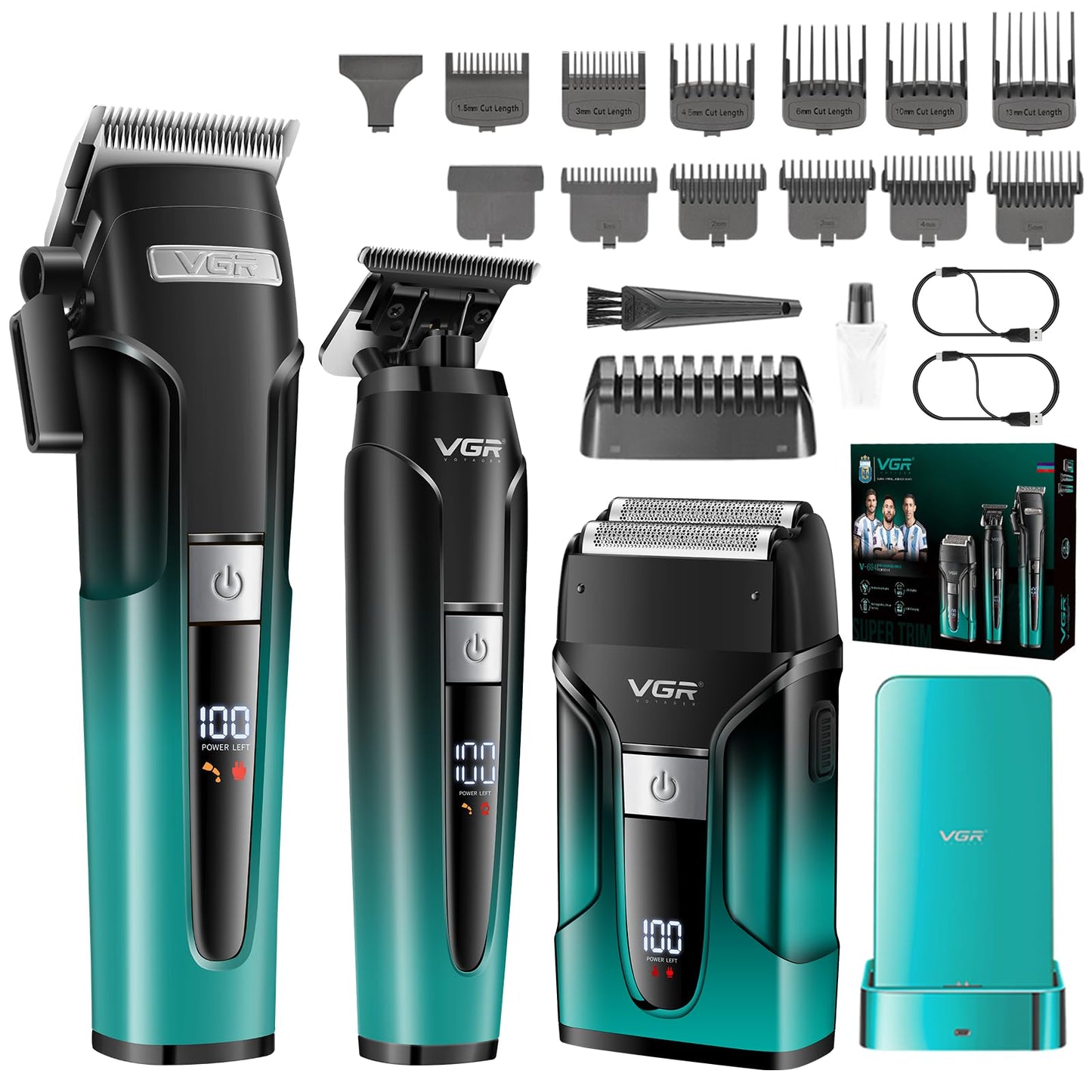 VGR 694 Hair Clippers for Men, Professional Barber Clippers and Trimmers Set, Mens Cordless Hair Cutting Kit with Foil Shaver, Charging Base & LED Display(Green)