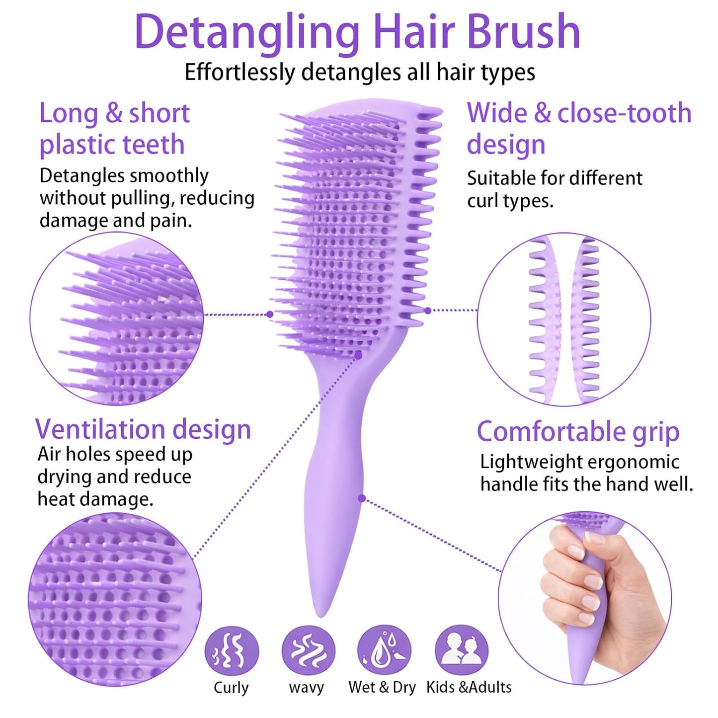 Curly Hair Detangler Brush - Lightweight Vented Design for Easy Glide | Suitable for Wet & Dry Hair (Purple)