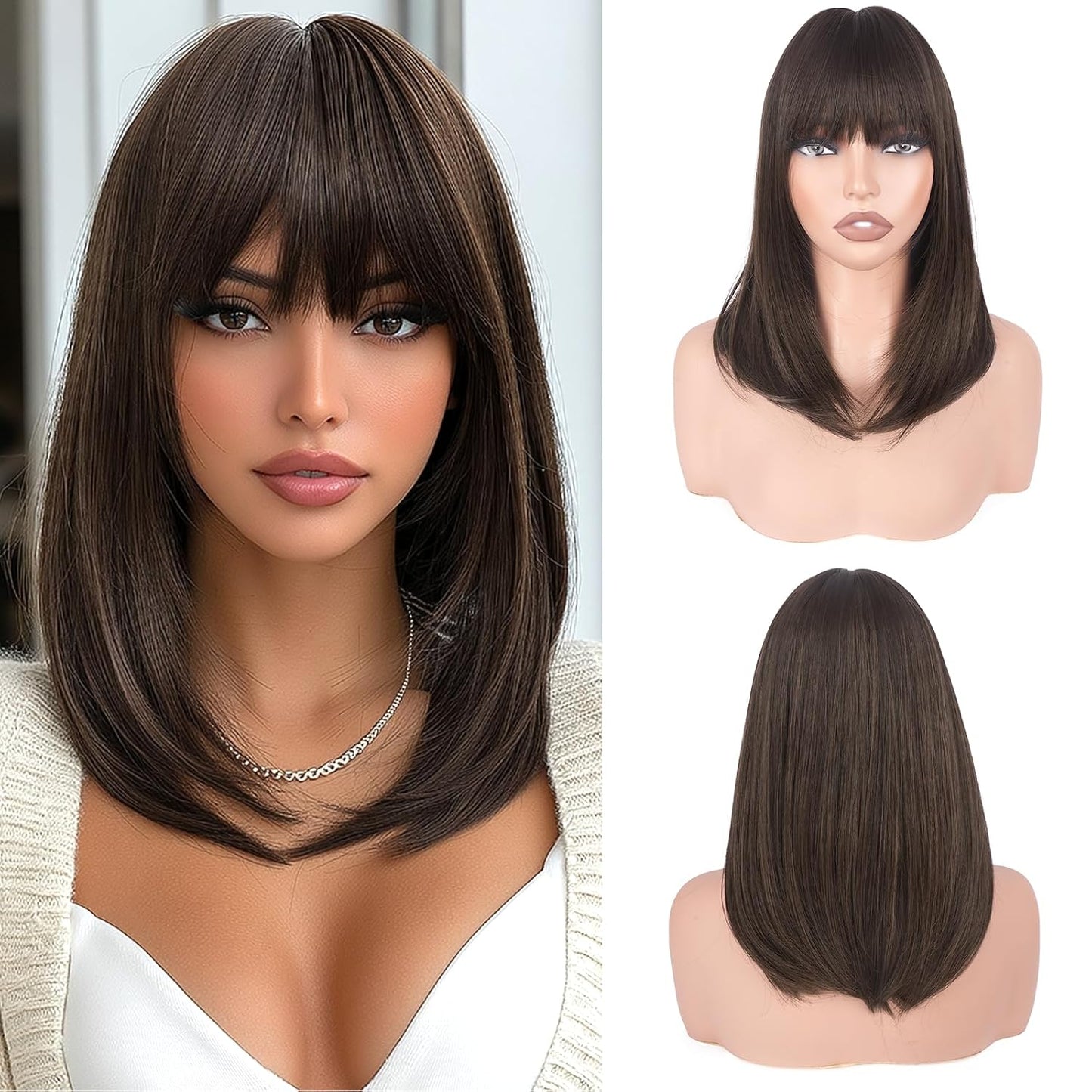 Blonde Bob Wigs with Bangs - Shoulder Length Straight Synthetic Hair | 16 Inch Platinum Blonde