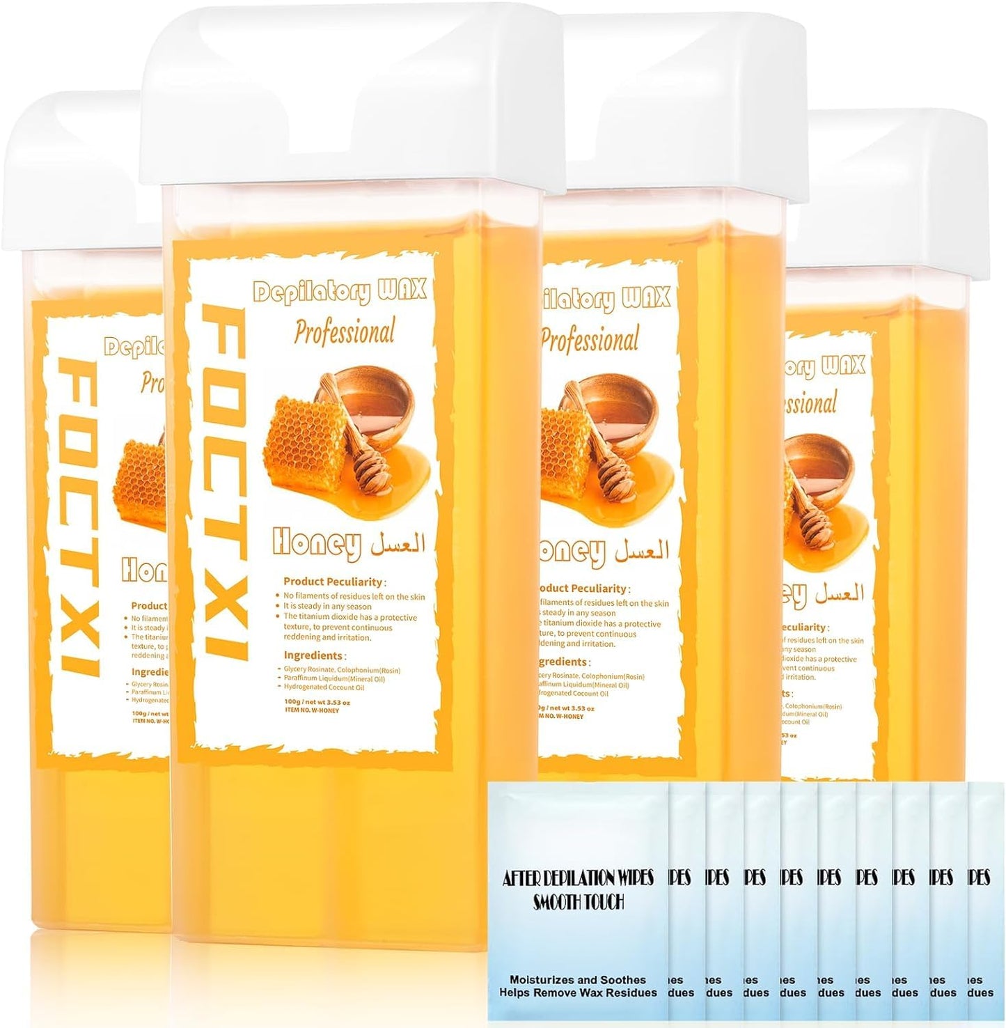 FOCTXI Wax Roller Kit Ｗax Cartridge, Roll On Wax for Hair Removal, Roll on Ｗax, 4 Honey Hair Removal Ｗax Cartridge and 10 Pack Cleaning Oil Wipes for Women