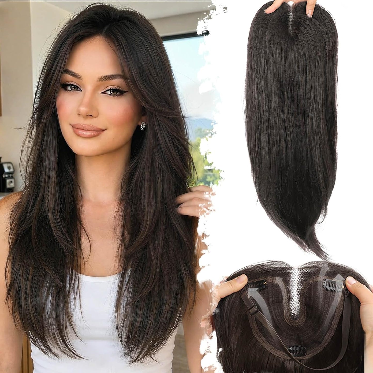 Ash Blonde Synthetic Hair Toppers with Platinum Highlights - 18" Long, 5x6" Base for Thinning Hair, Clip-In Wispy Bangs