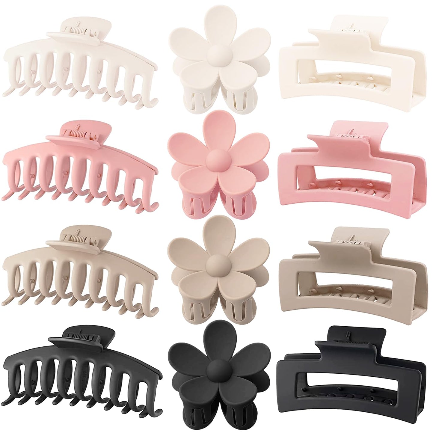 Large Hair Claw Clips - 12 Pack Matte Flower Clips for Thick Hair | 3 Styles, 4 Colors