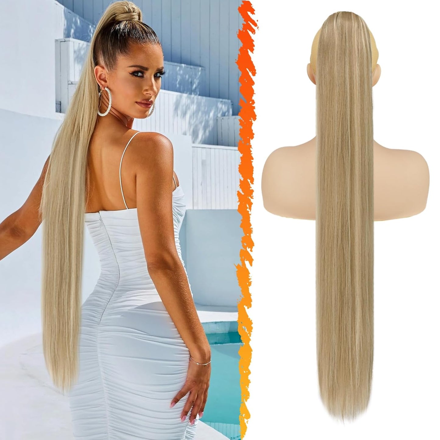 Long Straight Ponytail Extension - 26 Inch Brown Synthetic Clip-In Hairpiece for Women | Light Brown Mixed