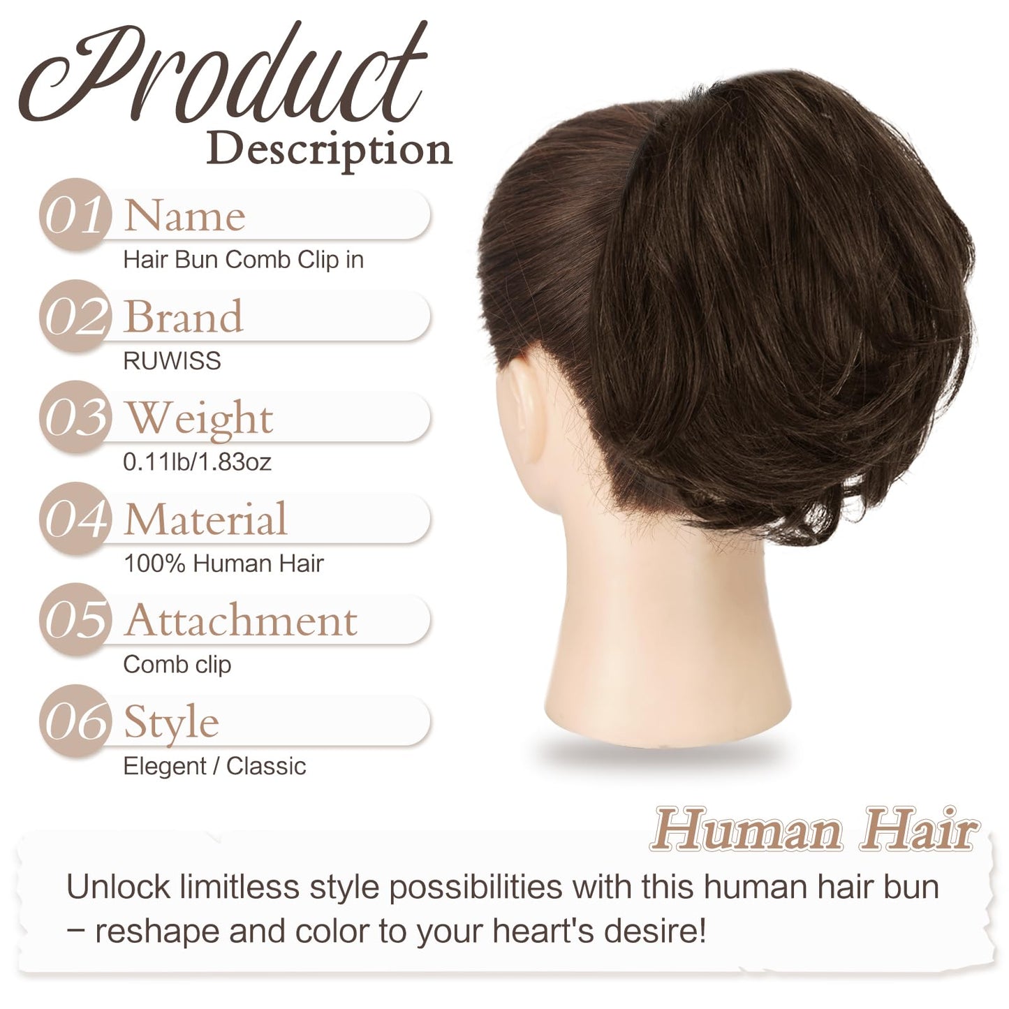 RUWISS Real Human Hair Bun Short Drawstring Ponytail Hair Pieces for Women, Natural Straight Updo Bun Comb Clip in Ponytail Extension for Women, Dark Brown