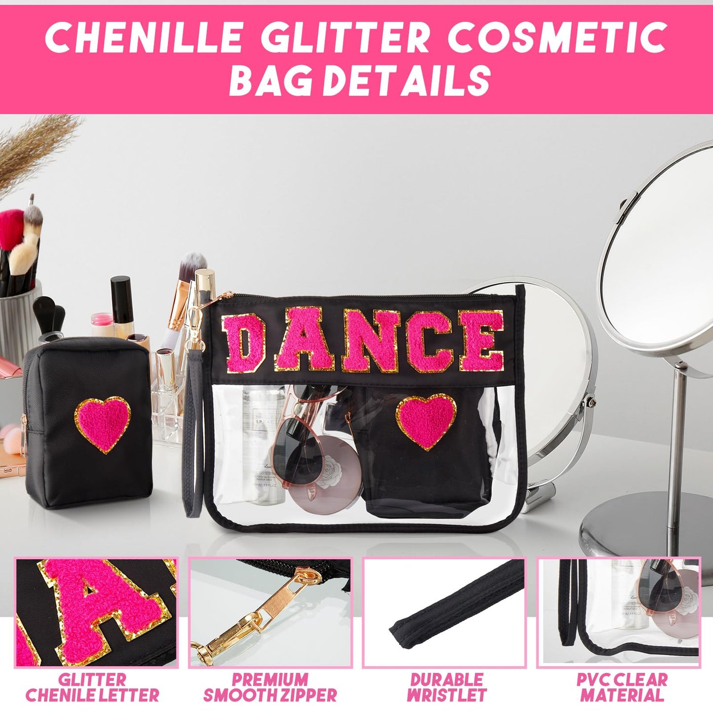 Hillban 2 Pcs Dance Recital Gifts Makeup Bags Chenille Letter Bags for Dance Team Gifts PVC Clear Cheer Case Toiletry Zipper Pouch for Women Ballet Competition Accessories Dancer Stuff