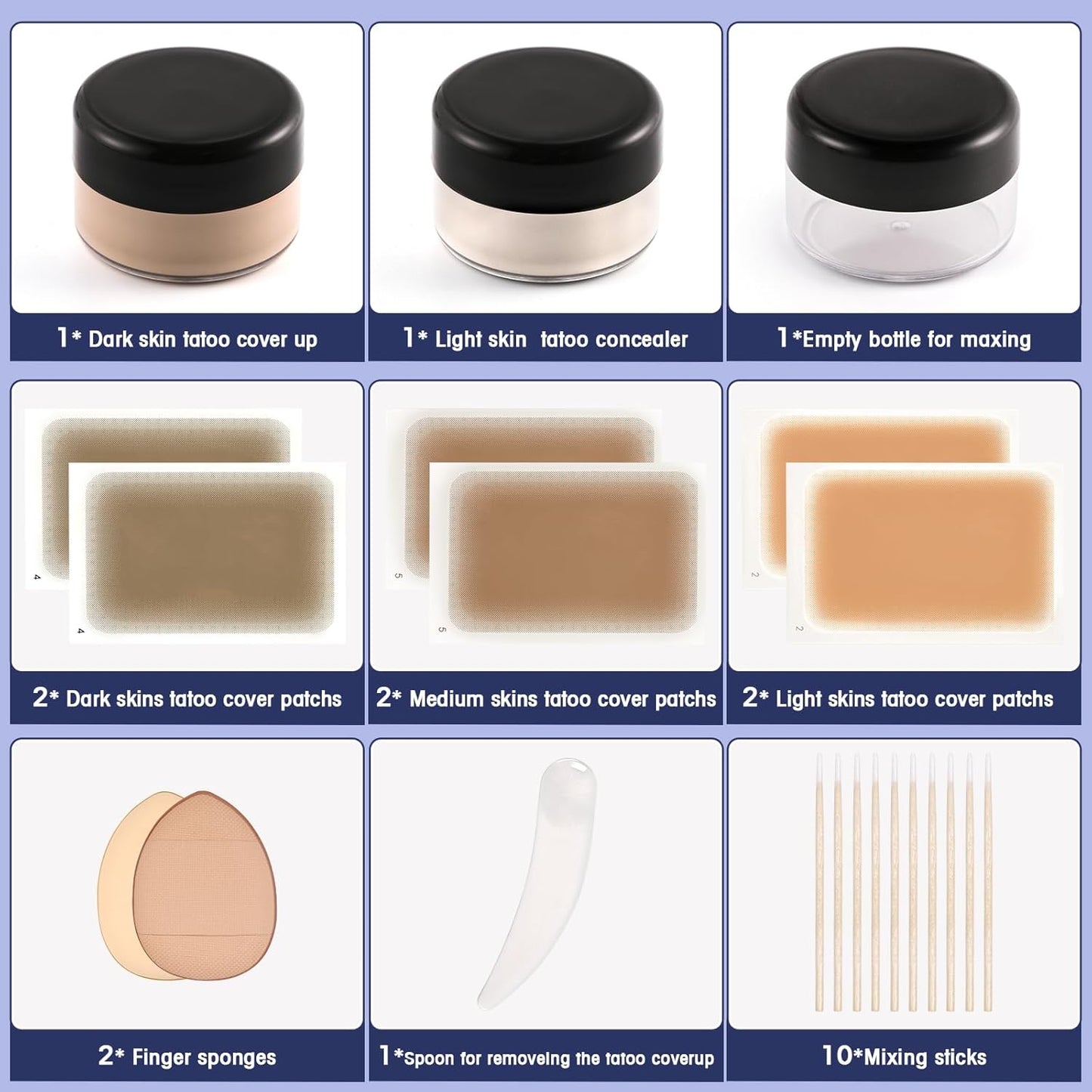 Tattoo Cover Up Makeup - Waterproof Cream for Body & Face | Blendable Light & Dark Shades with Sponges & Mixing Tool