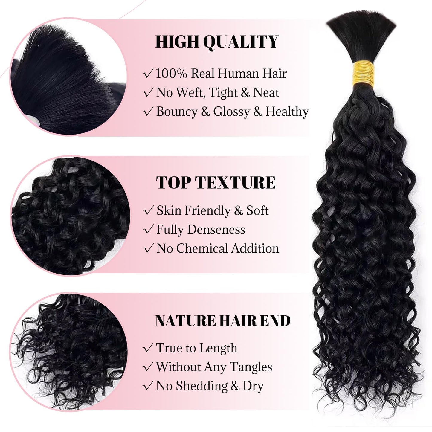 Human Braiding Hair for Boho Water Wave Bulk 100g 24 Inch Curly Knotless 10A Natural Color Extensions for Micro Braiding 2 Bundles