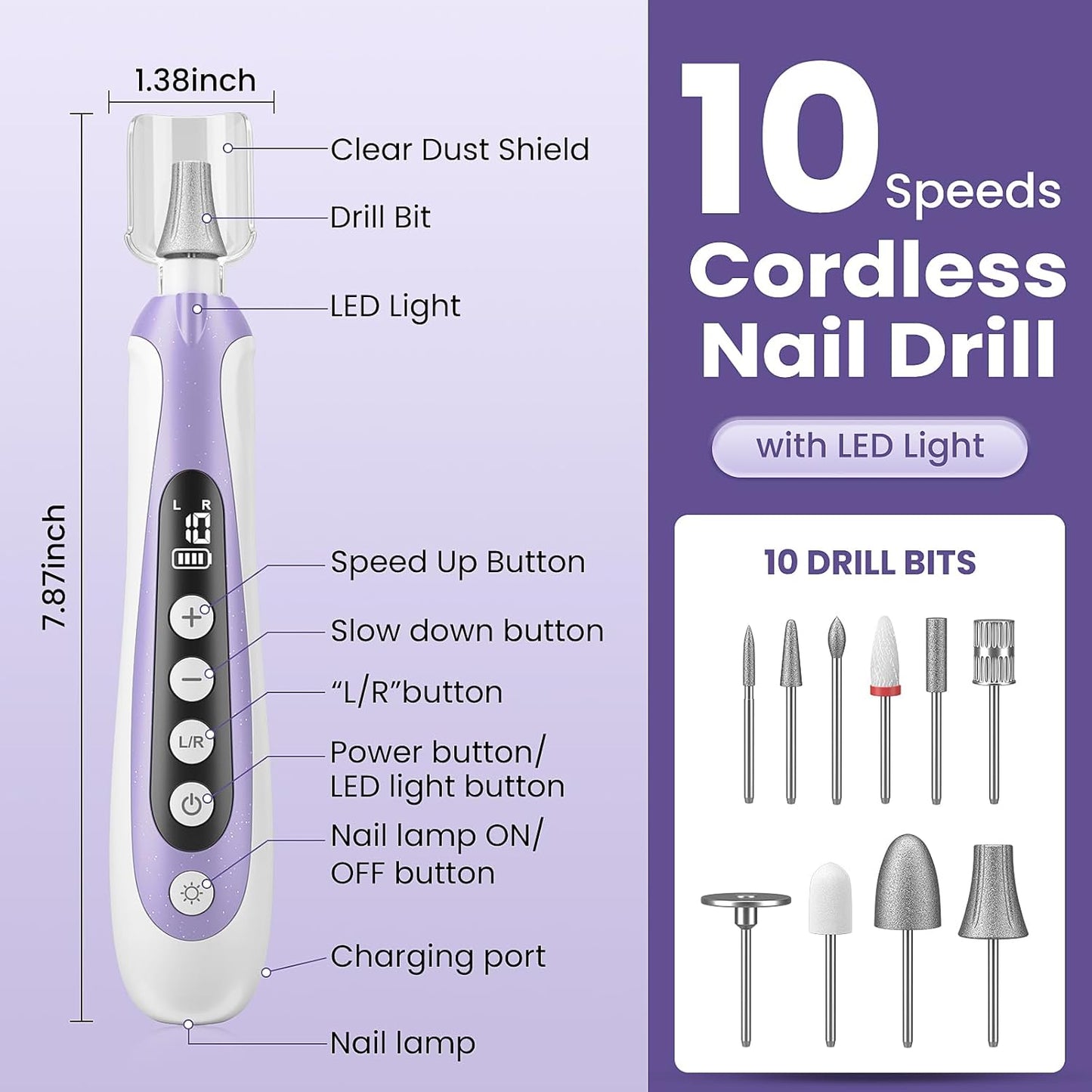 Electric Nail Drill - 10-Speed Cordless Nail File Kit for Thick Toenails | Rechargeable Manicure Pedicure Set with LED Display, Purple