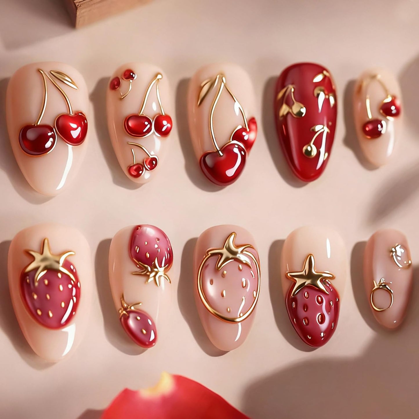Valentine's Press-On Nails - 30 Pcs Short Almond Red French Tip with Pearl & Gold Bow | Romantic Heart Acrylic Set