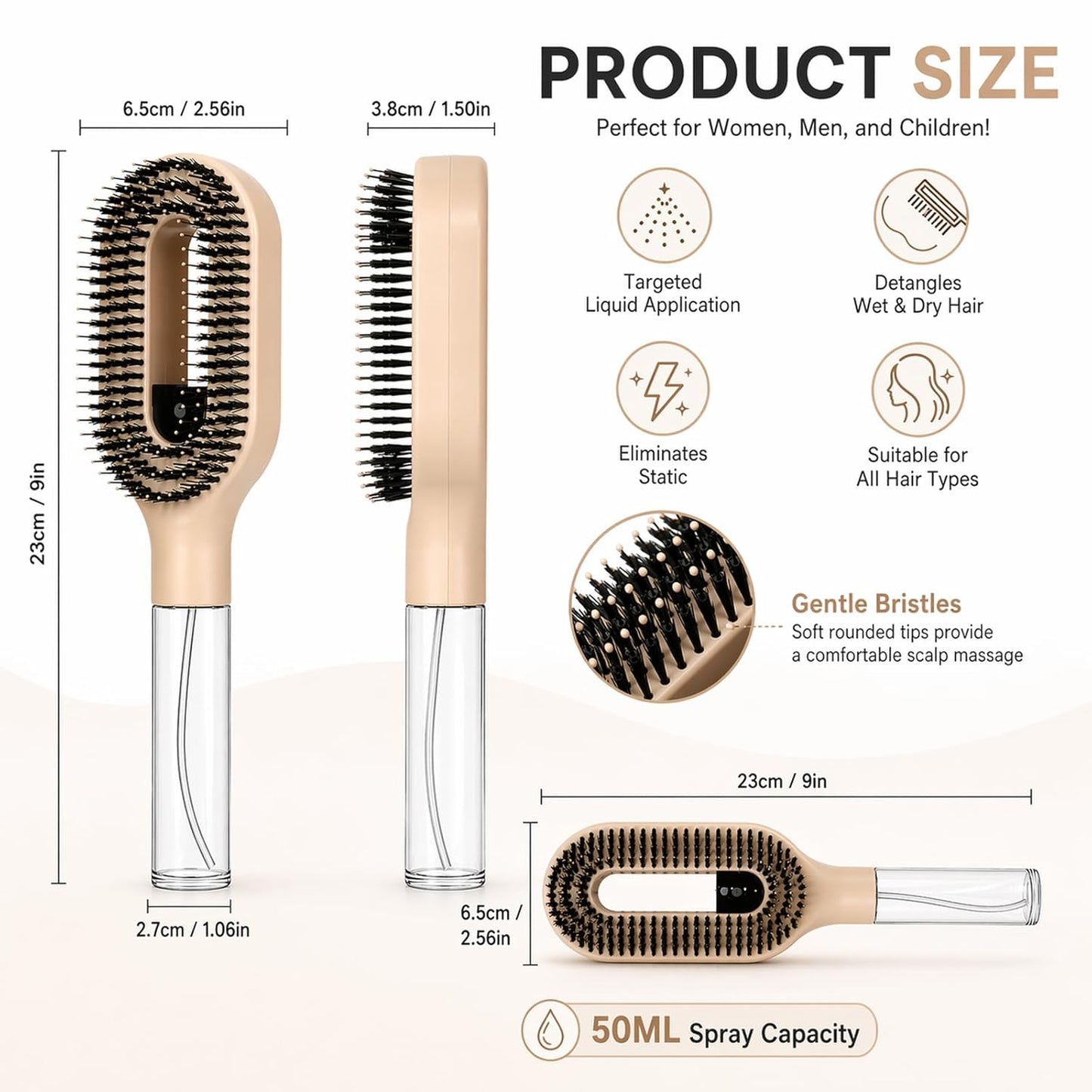 Misting Hair Brush - 2-in-1 Detangling Wet & Dry Hairbrush for Curly & Thick Hair | Refillable Water Spray, Anti-Frizz (Khaki)