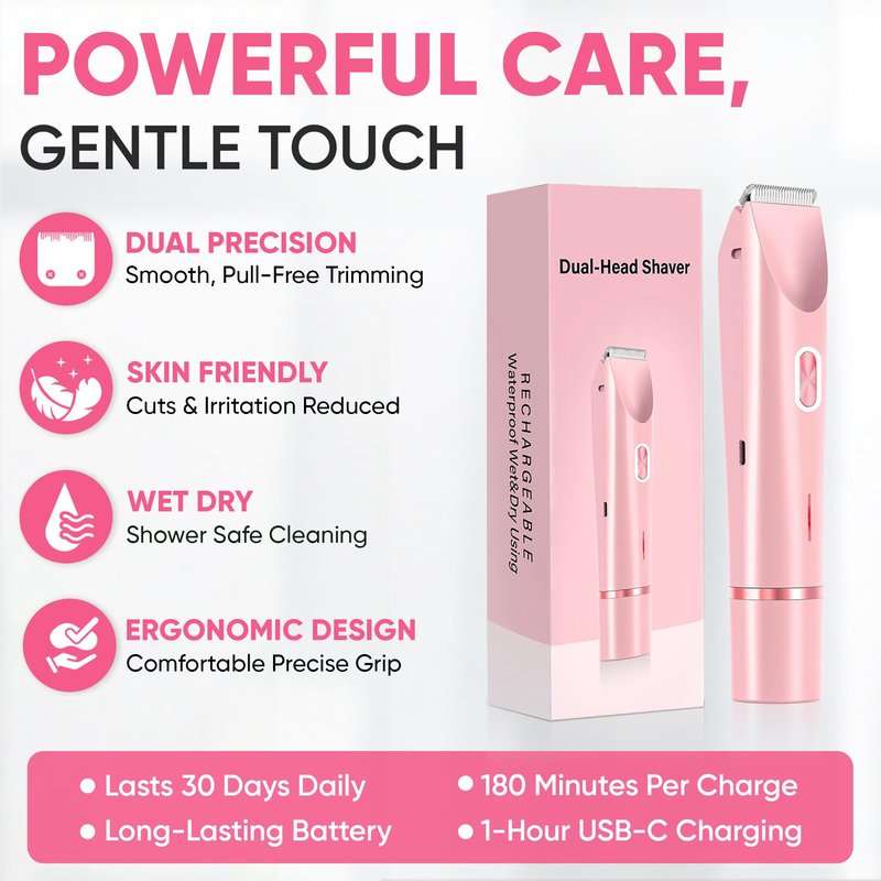 Electric Bikini Trimmer for Women, Dual Head Waterproof Rechargeable Body Shaver, Painless Hair Remover for Bikini Line, Underarms & Legs