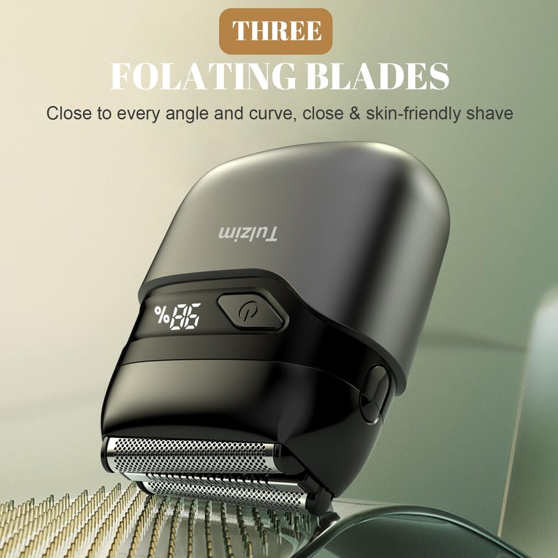 Tulzim Electric Foil Shaver for Men: Cordless Electric Razor for Face & Beard - 3 Floating Blades, 100-Min Runtime, USB-C Fast Charge, IPX7 Waterproof for Travel，Cool Black