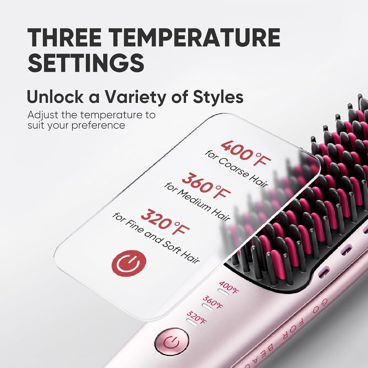 Mini Ionic Hair Straightener Brush - Portable Travel Comb with 3 Temperature Settings | Fast Heating & Anti-Scald, Rose Gold