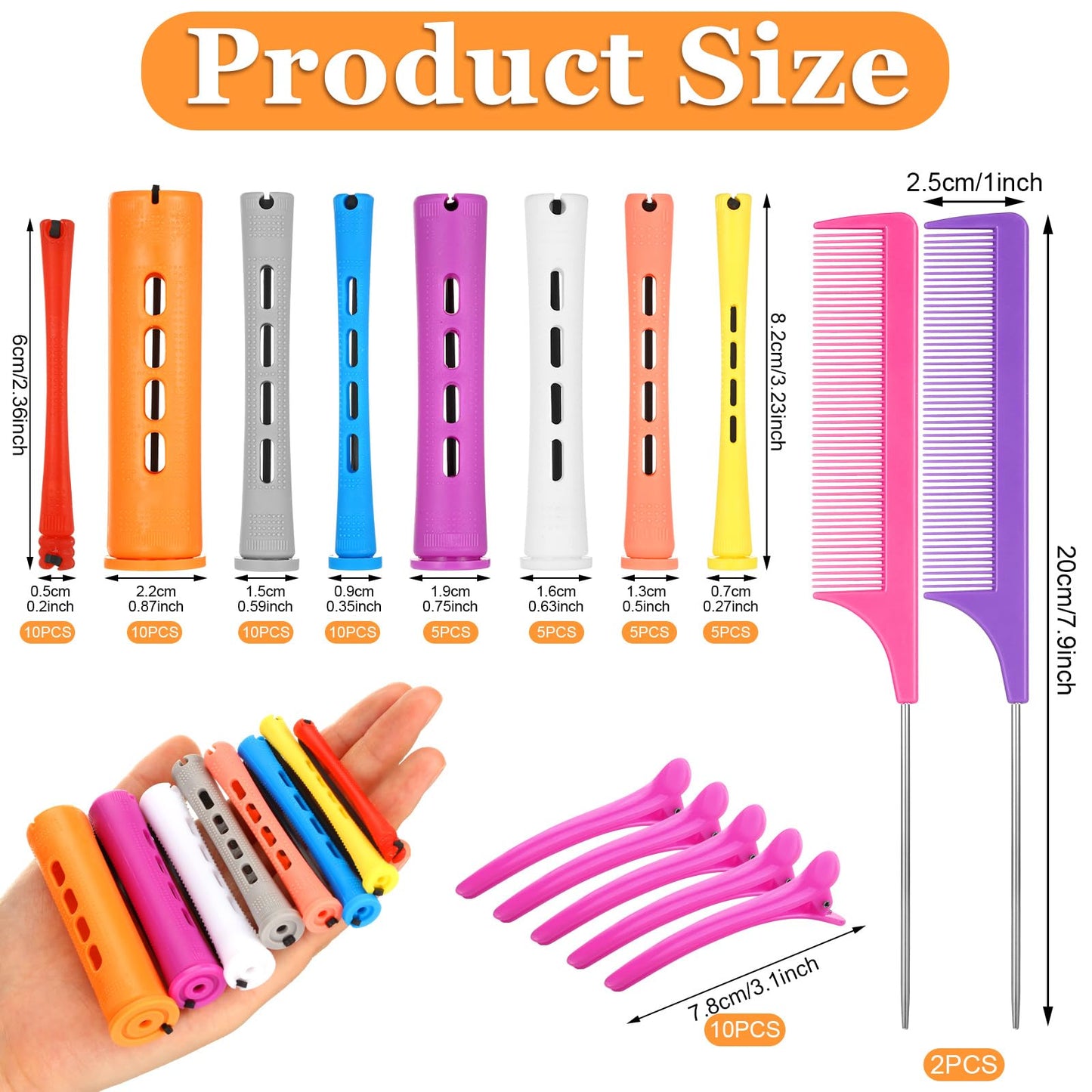60 Pcs Perming Rods Set - 8 Sizes Cold Wave Rollers with Rat Tail Combs, Clips for Long and Short Natural Hair Styling, Hairdressing Kit