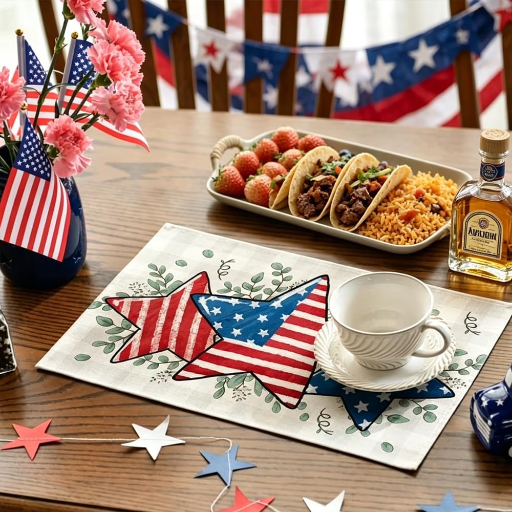 Retro Stars Independence Day Placemats - 250th Anniversary Table Mats for July 4th | 18 x 12 Inch Kitchen Decor