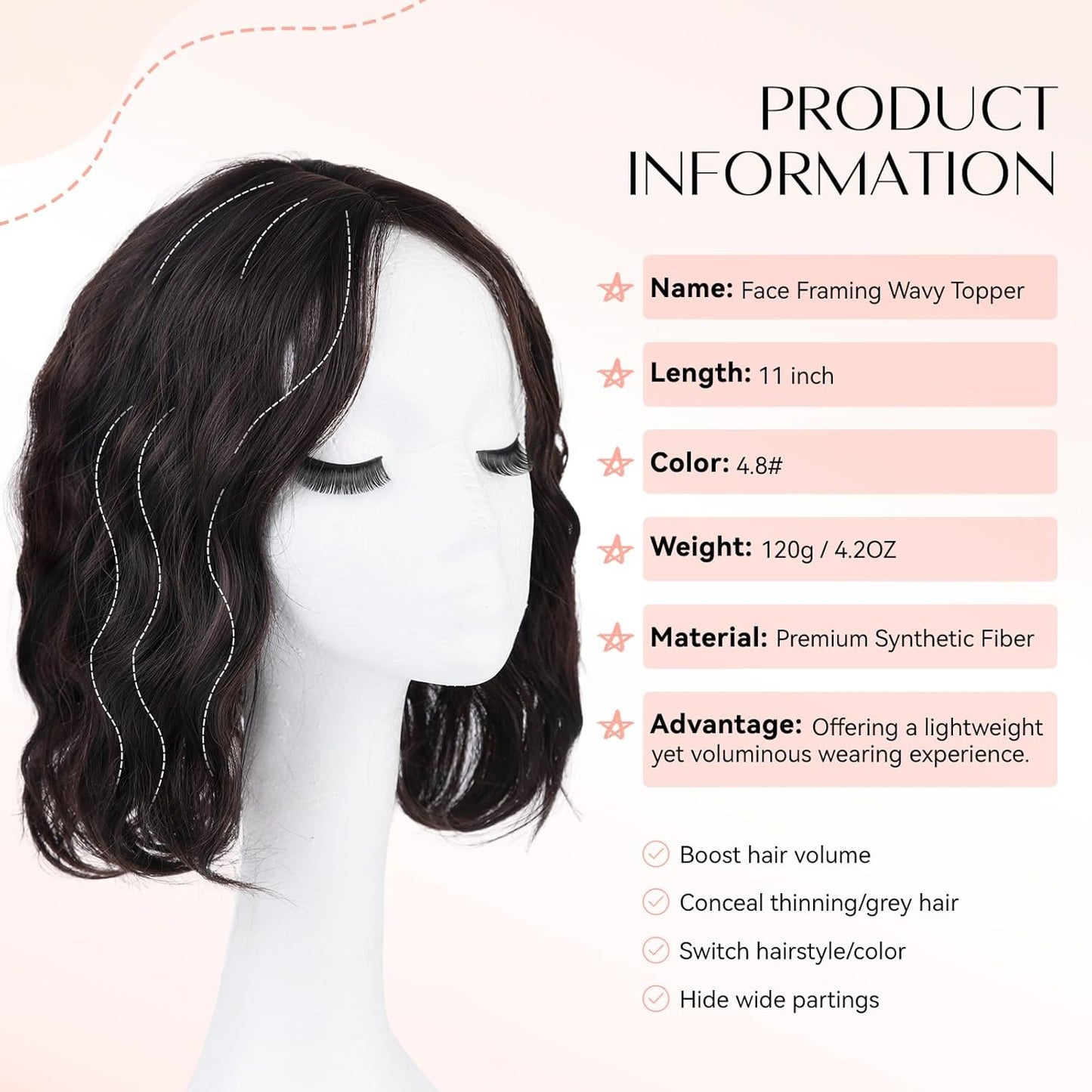 Hair Topper for Women - 11 Inch Short Wavy Synthetic Hairpiece | Heat Resistant, 6.5"x6.5" Base for Thinning Hair