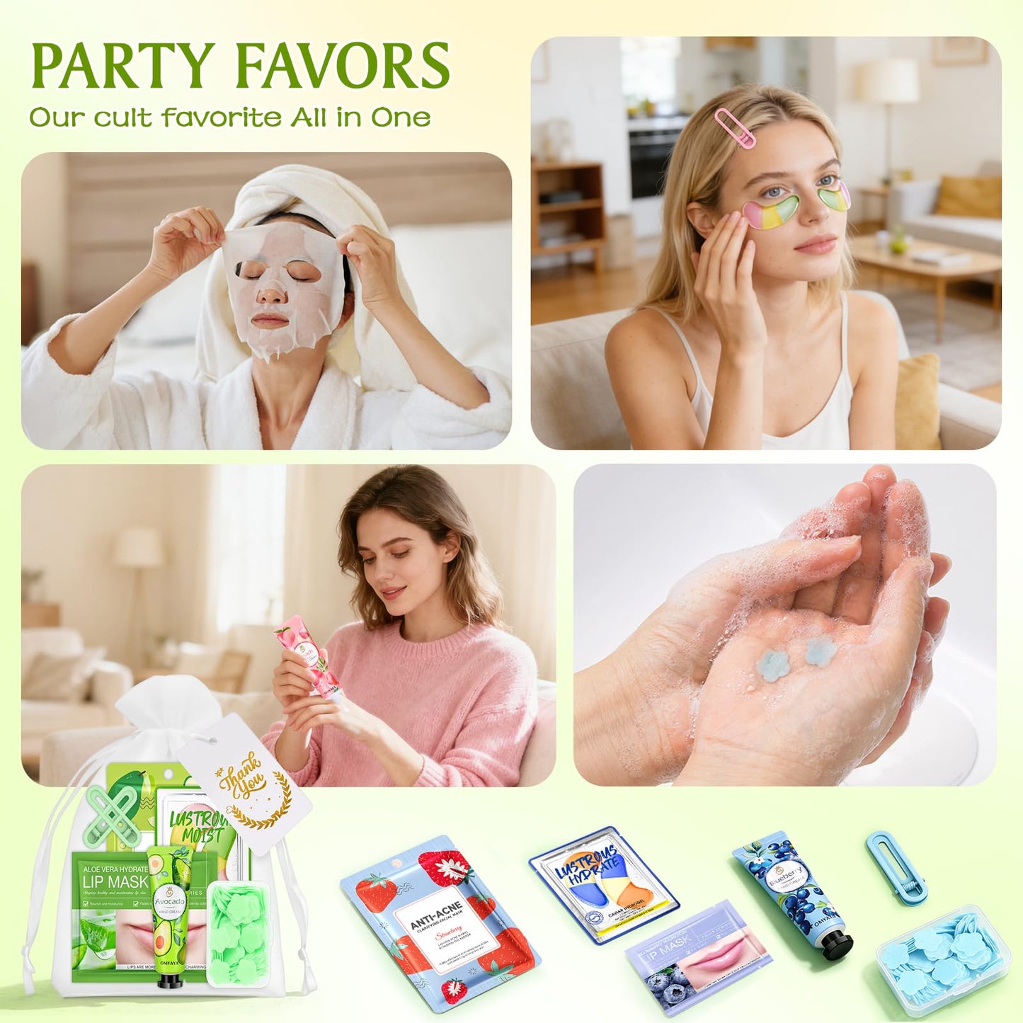 ZKONLY 48PCS Bulk Gifts, Spa Party Favors Supplies With Face Masks, Mini Hand Cream, Hair Clips, Lip Mask, Under Eye Patches and Hand Washing Soap Sheets For Party Favors,Group Gifts, Thank You Gifts