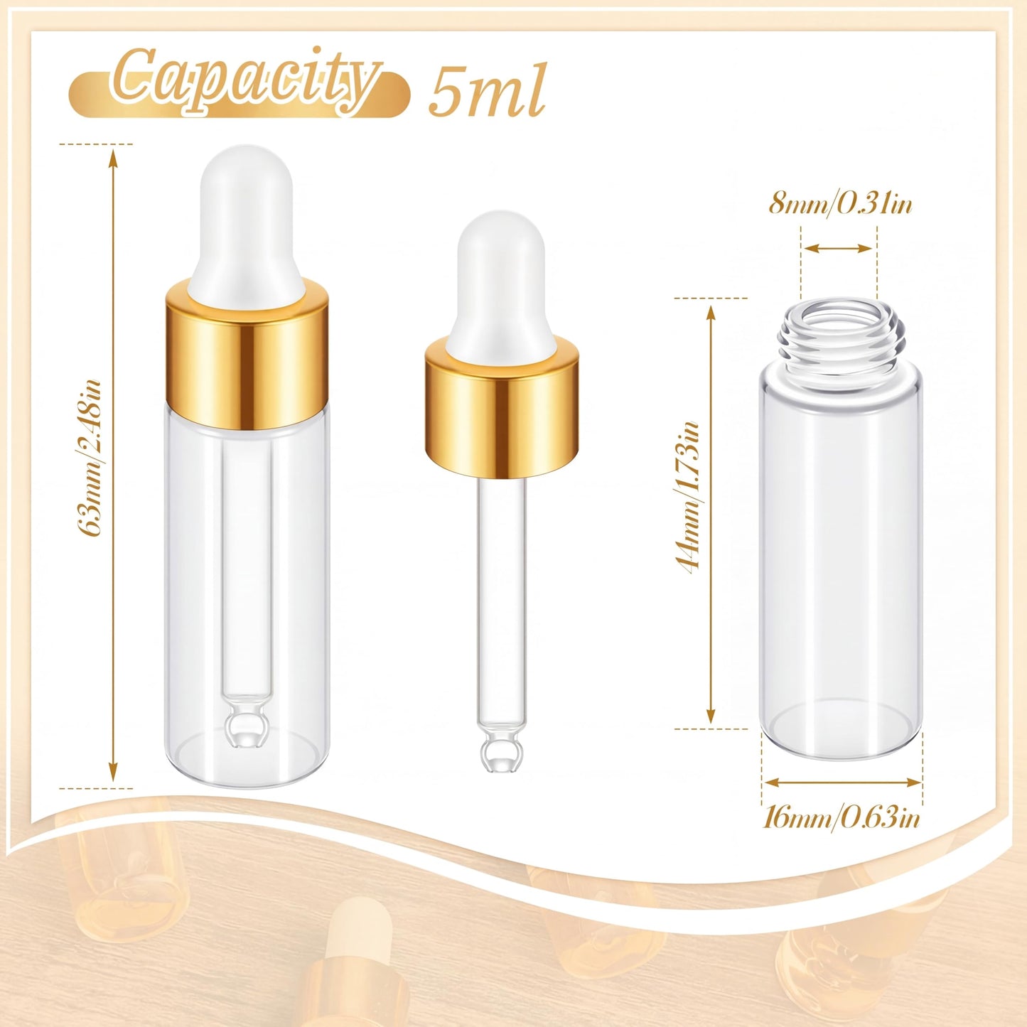 Didaey 12 Pcs 5 ml Mini Glass Oil Dropper Bottle Bulk, Clear Essential Small Empty Bottles Sample Containers Perfume Liquid Vials with Cap for Traveling (Champagne Gold)