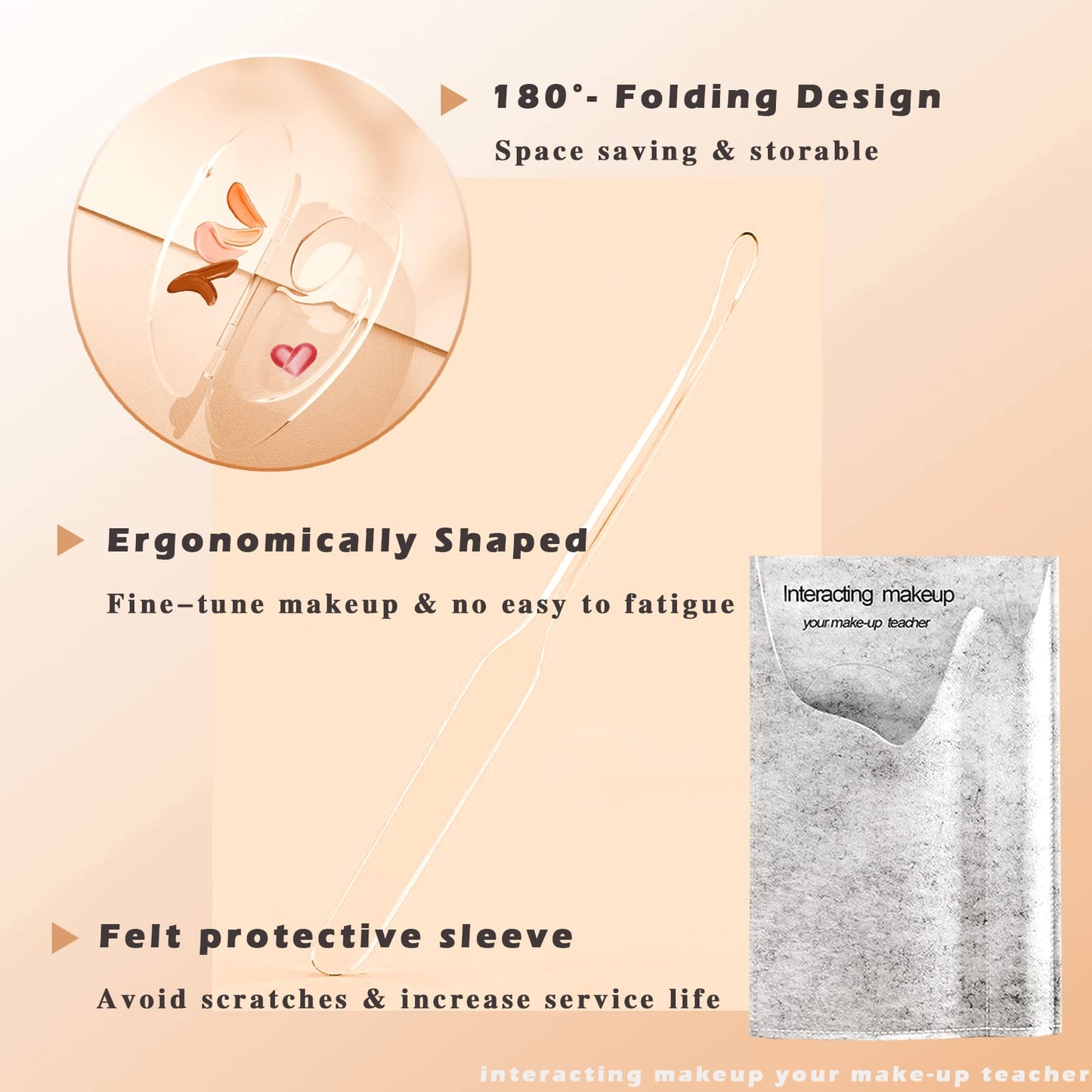 Penugo 180 Degree Folding Acrylic Makeup Mixing Palette, Plastic Foundation Makeup Facial Palette with Felt Bag, Transparent Spatula Tool for Eyeshadow Liquid Foundation