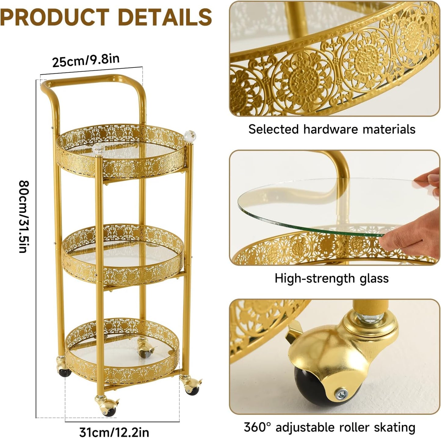 Multi-Functional Mobile Trolley Bar Cart - Rolling Design with Lockable Casters & 3 Mirror Holders | Gold Finish