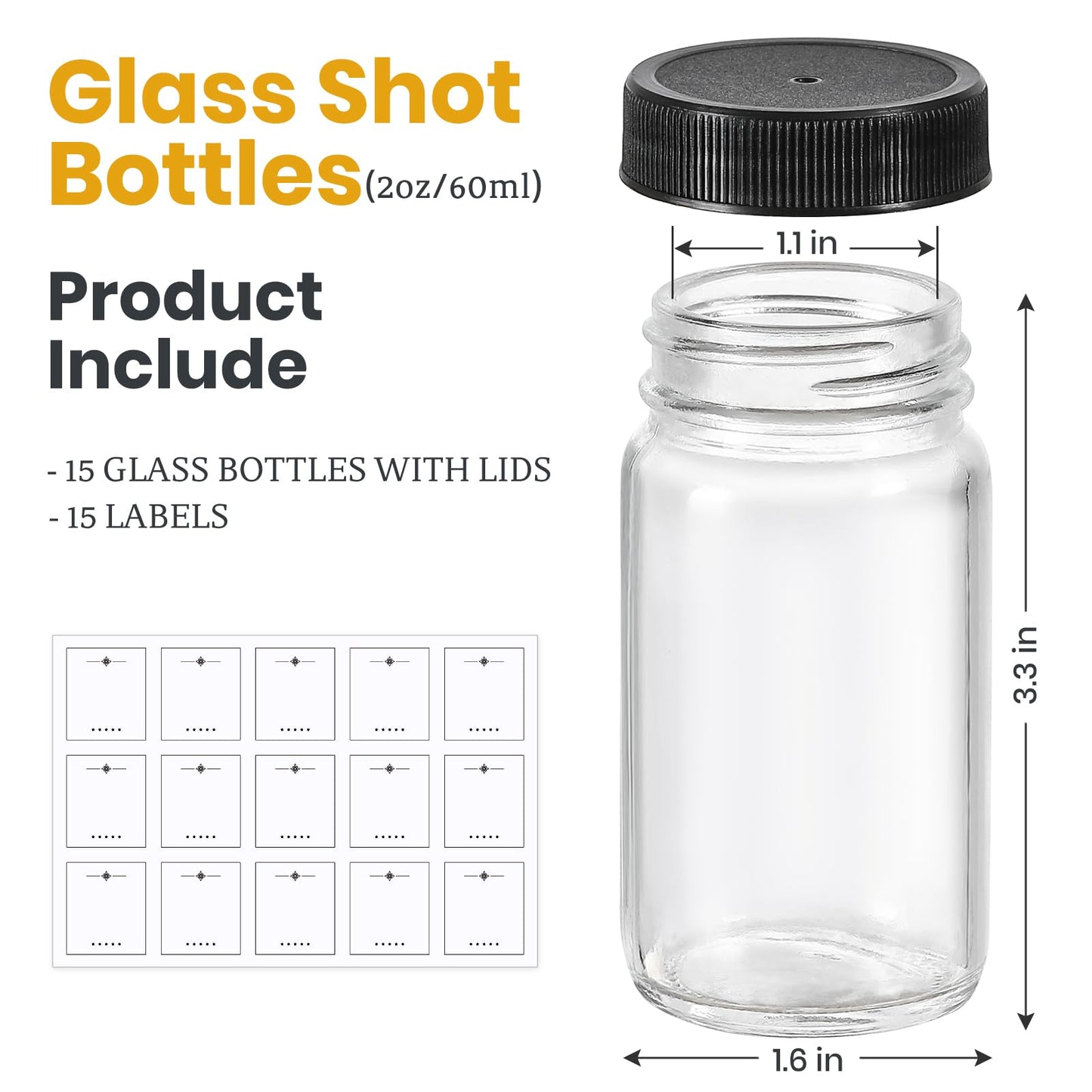 LANDNEOO 15 Pack 2 oz Glass Shot Mini Bottles w/Black Lids & 15 Labels - Small Clear Jar for Ginger, Wellness Shot, Juice, Sample, Whiskey - Travel Essentials - Wide Mouth, Leakproof, Dishwasher Safe