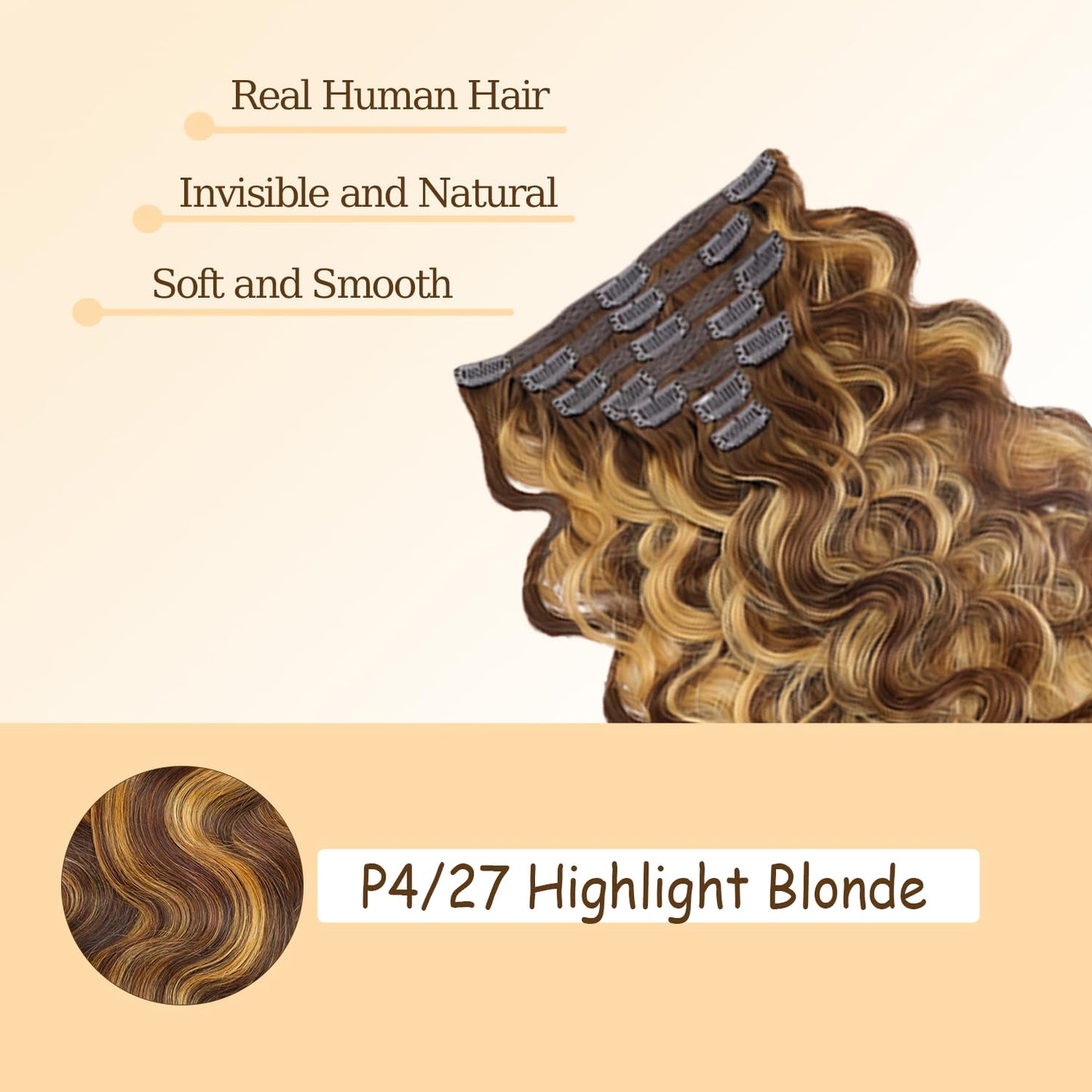 P427 Blonde Clip in Hair Extensions Real Human Hair, 14 Inch 120g/7Pcs,Full Shine Remy Human Hair,Highlight Brown Body Wave Clip ins Brazilian Virgin Human Hair Extensions