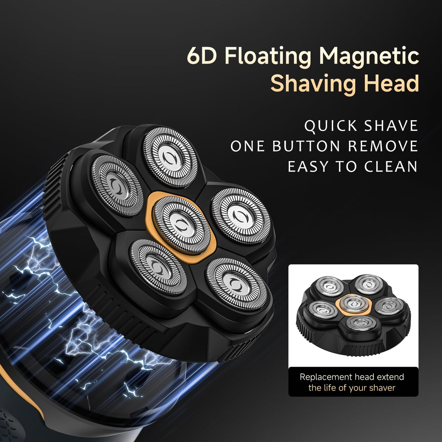 Head Shavers for Bald Men, 6D Magnetic Blade Razor with Led Display and USB-C Charging, Waterproof Wet/Dry Shaver for Men, with Storage Case and 1 Extra Replacement Head (Navy Blue)
