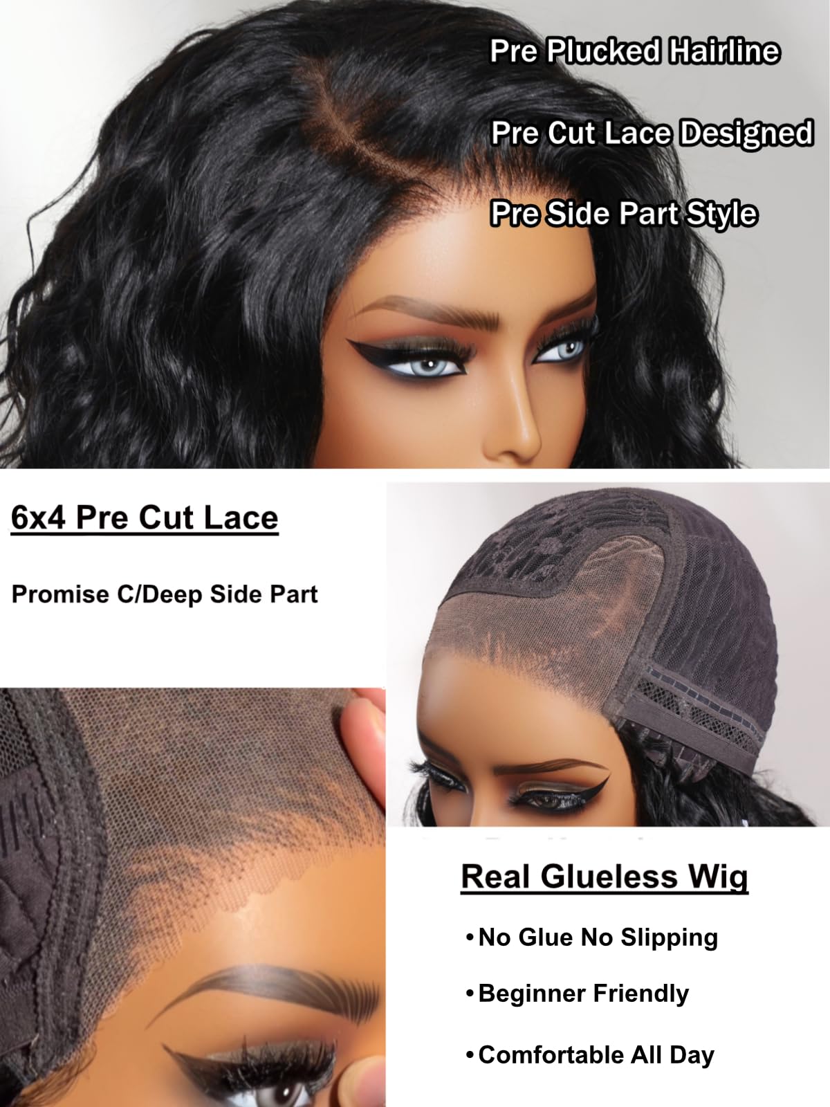 UNICE Bye Bye Slip Water Wave Bob Wig Human Hair, C Side Part 6x4 Glueless Lace Closure Wig, Pre-Plucked & Pre-Cut, 220% Density, Drawstring, Beginner Friendly for Black Women 14 Inch