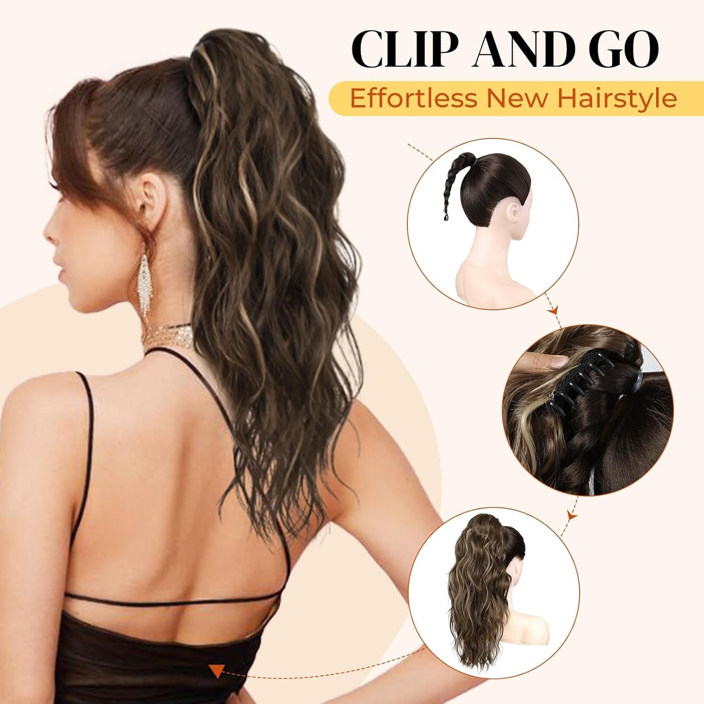 Ponytail Extension - 18" Wavy Claw Clip Hairpiece | Synthetic Curly Ponytail - Black Brown
